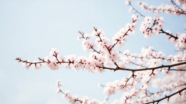 Blooming Japanese cherry or sakura sway in the wind against the backdrop of a clear sky