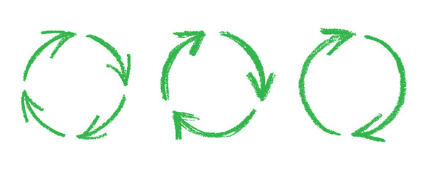 Set of hand drawn recycle arrow icon Recycling resources symbol Reuse of materials, zero waste, green environment, saving the planet