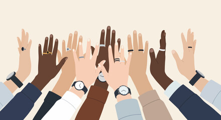 Obraz premium Diverse Hands Raised in Unity Showing Rings and Watches.