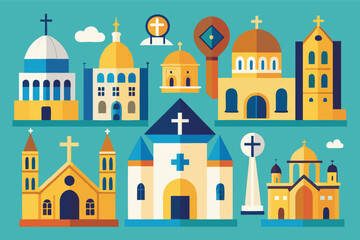 Fototapeta premium Colorful collection of church designs showcasing various architectural styles and features in flat design