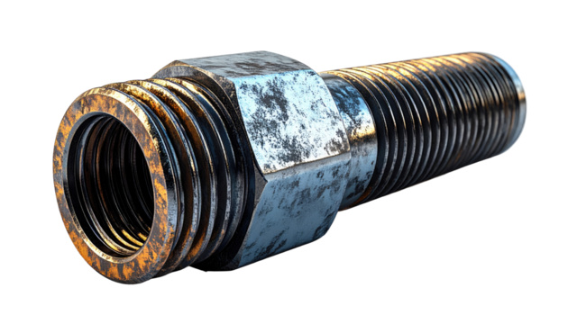 Close-up of a rusty, metallic pipe fitting