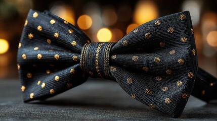 Close up of a stylish black bow tie with gold accent on a shimmering gold surface creates a sophisticated look