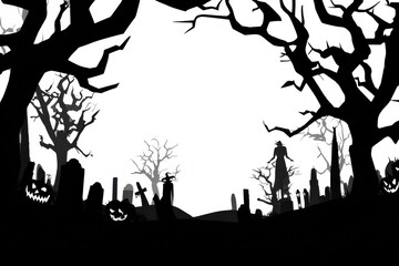 Fototapeta premium Eerie Halloween Background Showcasing Gnarled Trees and Weathered Tombstones Under a Gloomy Sky Creating a Spooky Atmosphere for Seasonal Celebrations