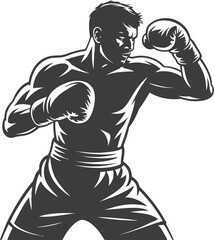 Powerful Boxer Silhouette Illustration Vector in Black, Showcasing Strength and Determination, Ideal for Sports and Fitness Related Projects