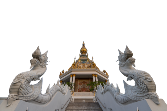 An ancient Thai-style temple statue with ornate roof architecture and lion sculptures