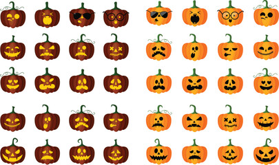 Creepy square pumpkin jack-o’-lantern face vector collection for Halloween spooky decoration and horror design