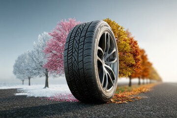 All-season tire rolling through spring, summer, autumn, and winter, showcasing its adaptability to various weather conditions
