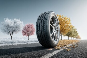 All-season tire is rolling on a road, passing through winter, spring, and autumn, showcasing its adaptability to different weather conditions