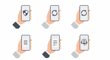 Set of hands holding smartphones displaying icons for security sync billing and customer support.