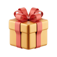Vibrant 3D rendering of a matte gold gift box with a red ribbon