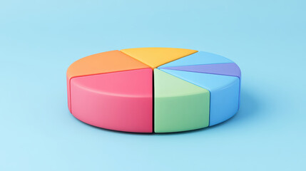 Colorful pie chart with six segments in pastel colors on bright blue background, showing data distribution in clean style