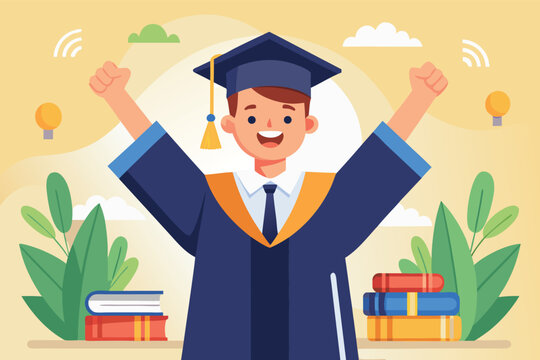 Happy graduate celebrating achievement in colorful environment with books and plants