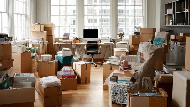 Office Relocation Chaos: Cardboard Boxes, Furniture, and Belongings Piled High in a Bright, Overwhelmed Workspace
