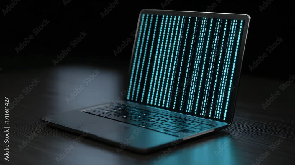 Poster a sleek laptop displaying vibrant blue binary code on its screen, symbolizing digital innovation and