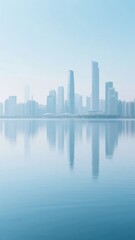 Fototapeta premium Modern city skyline reflected in calm water under a hazy blue sky