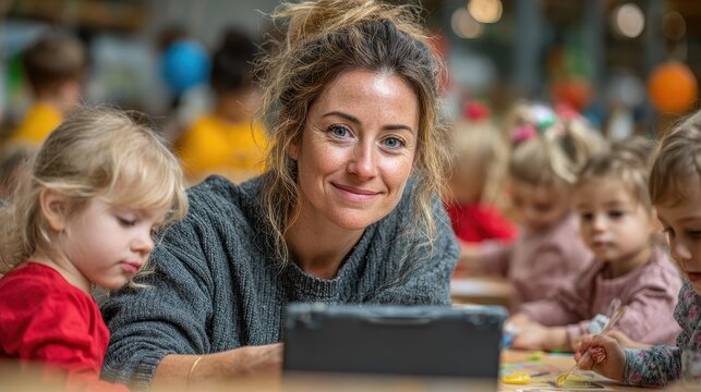 Woman educator uses tablet with children at circle time in a preschool classroom