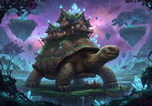 A large, ancient tortoise with a wooden building on its back