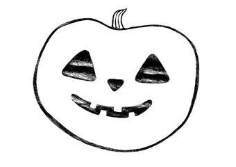 Stylized illustration of Jack o lantern pumpkin. Black outline with texture. Different shades. Doodle. Drawing in marker. Eyes, nose, mouth have wavy texture of crumpled paper. White background
