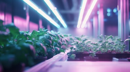 Interior view of a vertical farm; leafy greens thriving under pink and blue grow lights