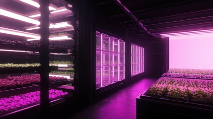 Interior view of a vertical farm with bright pink grow lights and plant shelves