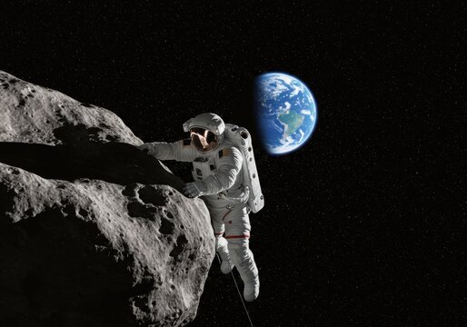 A spacewalking astronaut climbing asteroid with earth in background