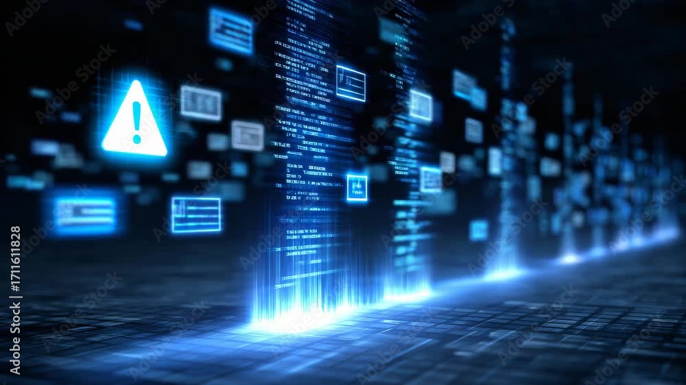 Poster futuristic data streams and warning signs in a digital landscape, representing innovation and cybers
