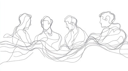 Line art depicting four individuals in conversation, connected by flowing, abstract lines