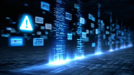 Futuristic data streams and warning signs in a digital landscape, representing innovation and cybersecurity challenges. - Powered by Adobe