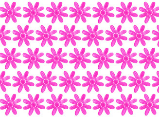 Pattern of stylized drawings of flowers. Consist of simple shape. Circle inside and rounded petals around. Different shades of fuchsia pink. Watercolor texture. Arranged in row on white background.