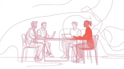 Line art depicting four people at a table with laptops, abstract lines surrounding them