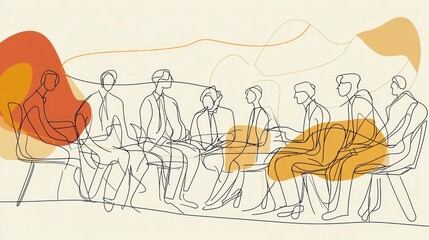 Line art illustration of a diverse group of people seated in a circle, discussing