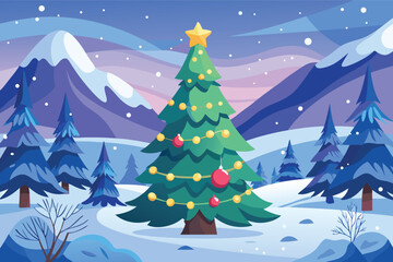 Obraz premium Winter scene with a decorated Christmas tree in a snowy landscape at twilight