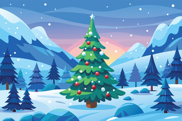 Obraz premium Colorful Christmas tree in a snowy winter landscape with mountains at sunset