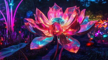 Luminescent, multi-colored lotus flower glows brightly in a mysterious, vibrant garden
