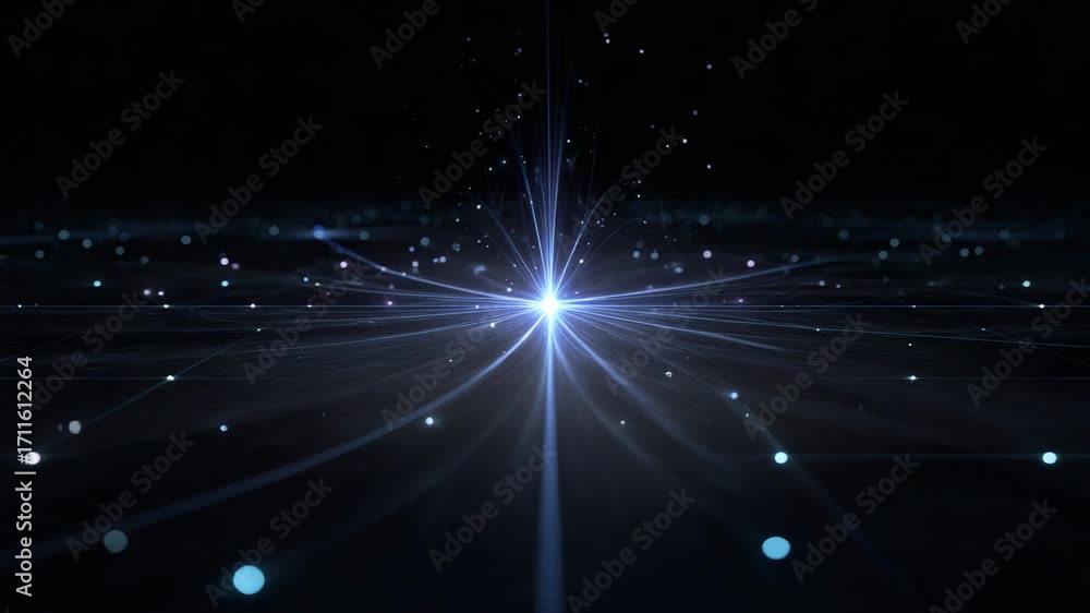 Poster a stunning visual representation of light rays and particles in a dark space, symbolizing scientific