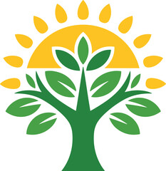 Sunrise behind a vibrant green tree with fresh leaves, a modern and natural logo design symbolizing growth, new beginnings, and environmental protection for businesses.