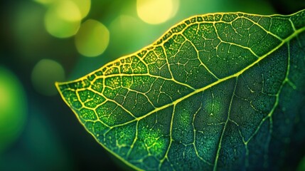 Macro shot of a detailed green leaf with prominent veins, highlighted by soft bokeh