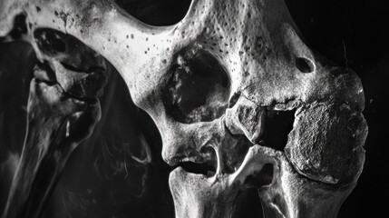 Macro grayscale shot of a human bone structure, hip and femur. Dramatic lighting