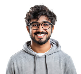 Smiling young Indian man wearing glasses, isolated on transparent cutout background