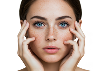 Portrait of a woman with freckles face on transparent background