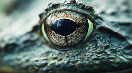 Macro shot of a frog's textured eye with intricate patterns, reflecting the environment