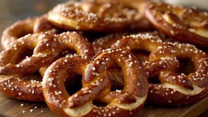 Pile of Freshly Baked Salted Pretzels on a Wooden Board, Close-up View, Delicious German Pastry, Oktoberfest Treat, Food Photography - Powered by Adobe