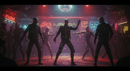 Fototapeta premium A vibrant nightclub scene with a group of people dancing energetically 