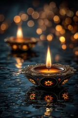 Diwali day background concept featuring glowing diyas and bokeh lights, AI-generated celebration scene