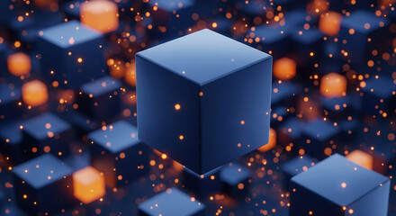 Abstract background with floating cubes and glowing particles. 3D render for technology, blockchain, or data concepts.