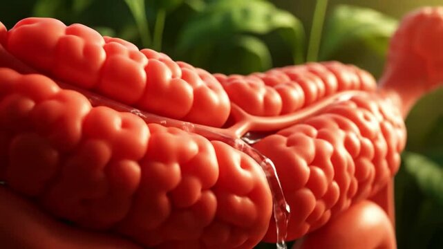 Microscopic view of intestinal villi with fluid flowing through internal vessels illustrating nutrient absorption and the intricate biological processes of the 