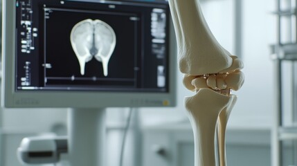 Medical setup showing a human knee joint in focus with a radiograph displayed on a monitor