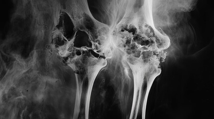 Medical X-ray image displaying two detailed hip joint areas, bones visible against dark background
