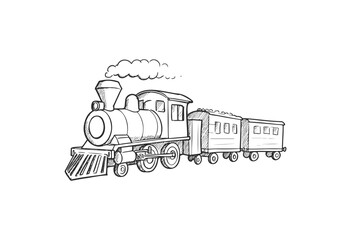 Naklejka premium Black and white sketch of vintage steam train with two passenger cars - stock vector