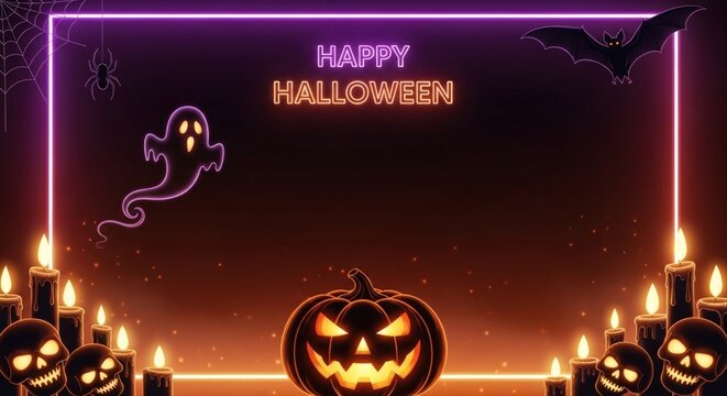 Spooky Halloween night with glowing pumpkin, skulls, bats, and neon lights